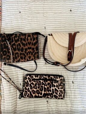 Leopard Print Crossbody Bag and Wallet Set with Cream Straw Saddle Bag